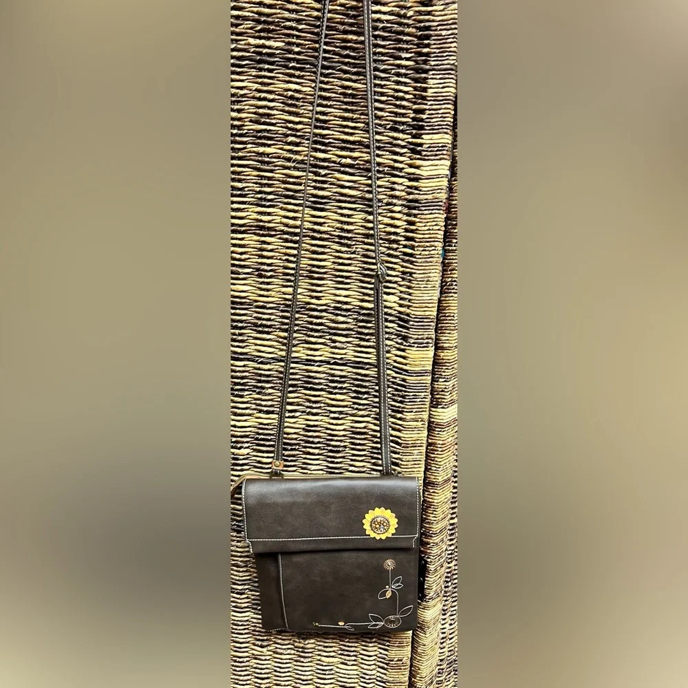 Chala-Brown Crossbody Bag with Floral Embroidery, 9”x10”, Clean inside,back fade - Picture 3 of 10